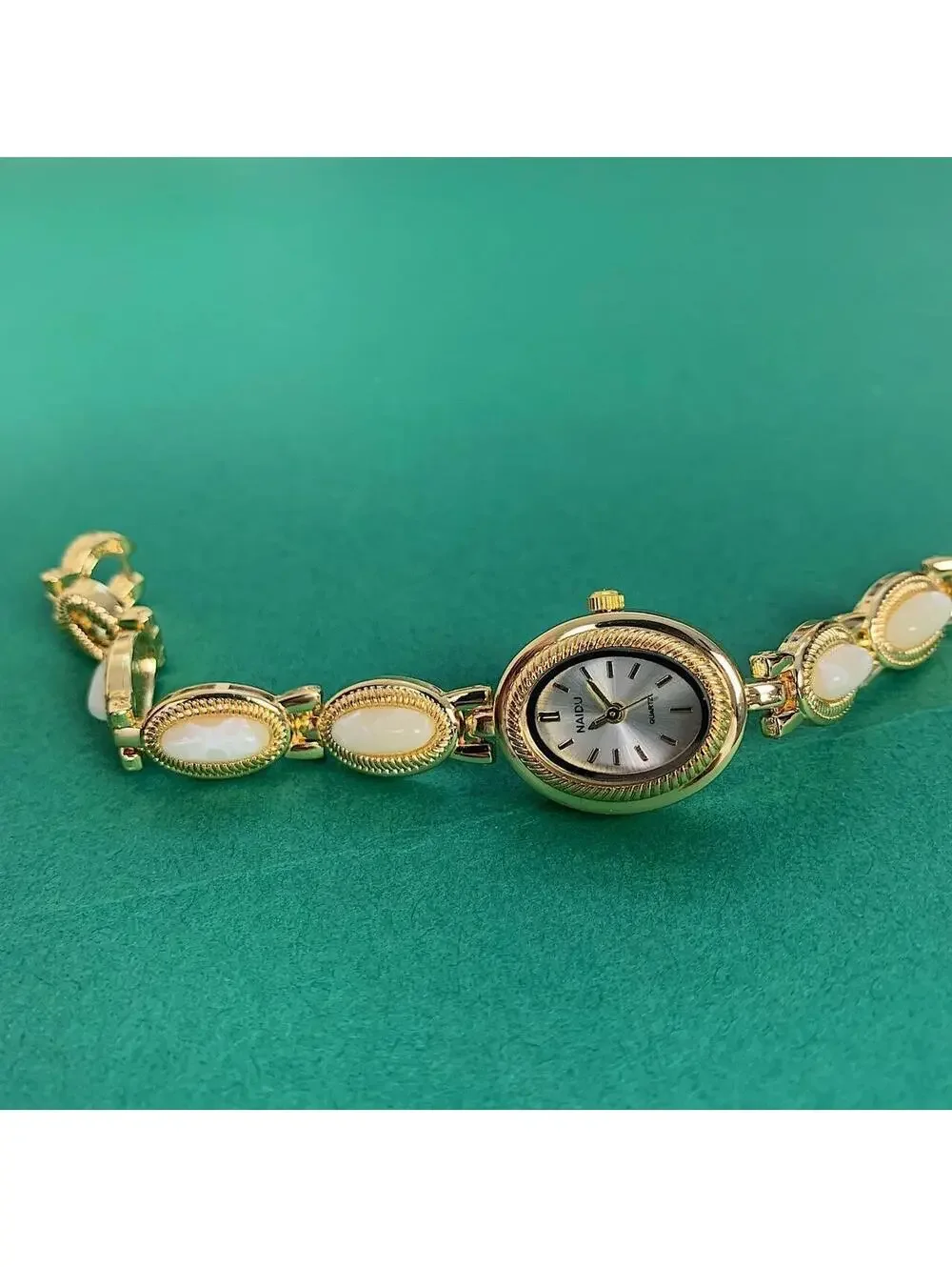 Y2K Gold Dainty Quartz Opal Jade Watch 8 Inch Unisex